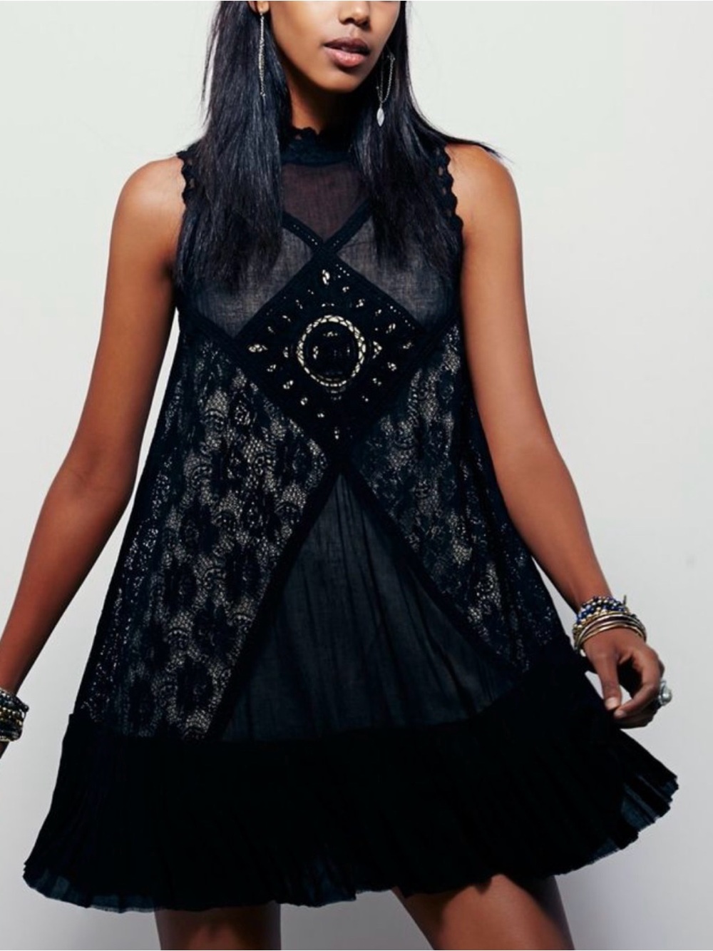 Free People Black Lace Mini Dress with Embellished Panel